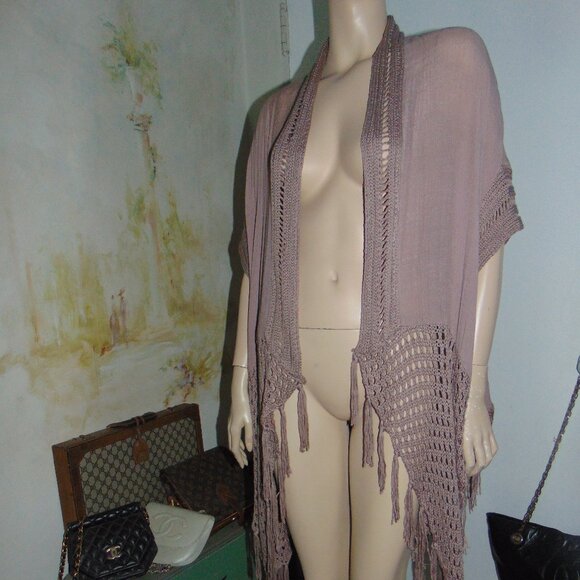 Miracle Women's Knit Open Cardigan size S/M mauve boho crochet fringe cotton USA - Picture 9 of 13